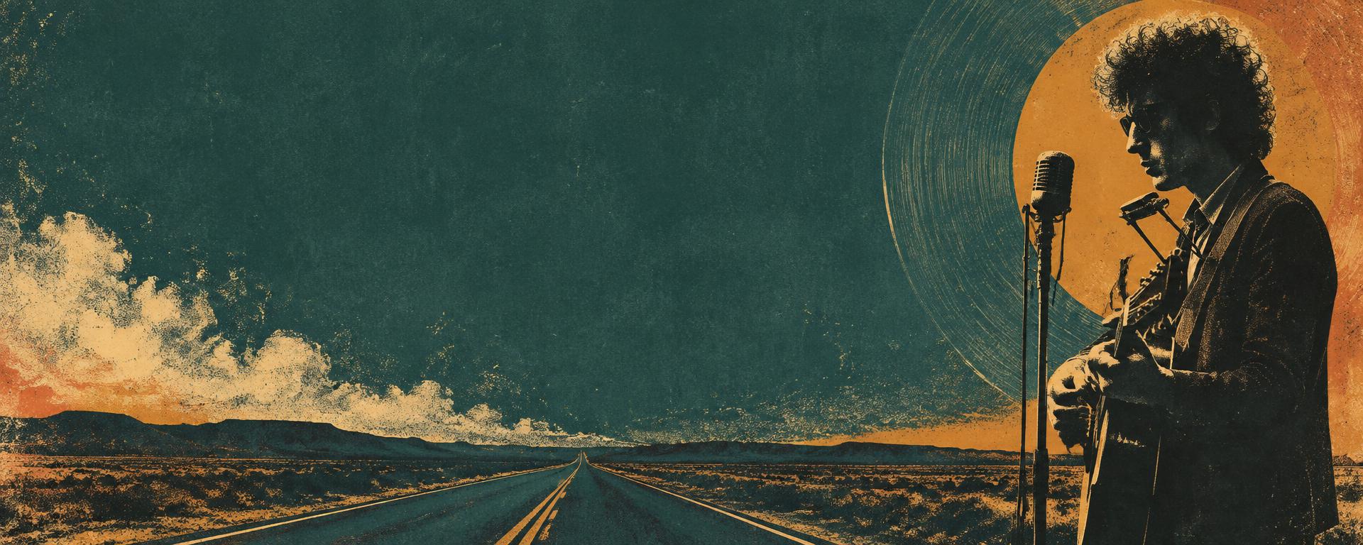 Illustrated banner: Bob Dylan in silhouette with a harmonica rack and acoustic guitar at a vintage ribbon microphone, set against a vinyl record standing in for the sun, above an empty desert highway running to the horizon.
